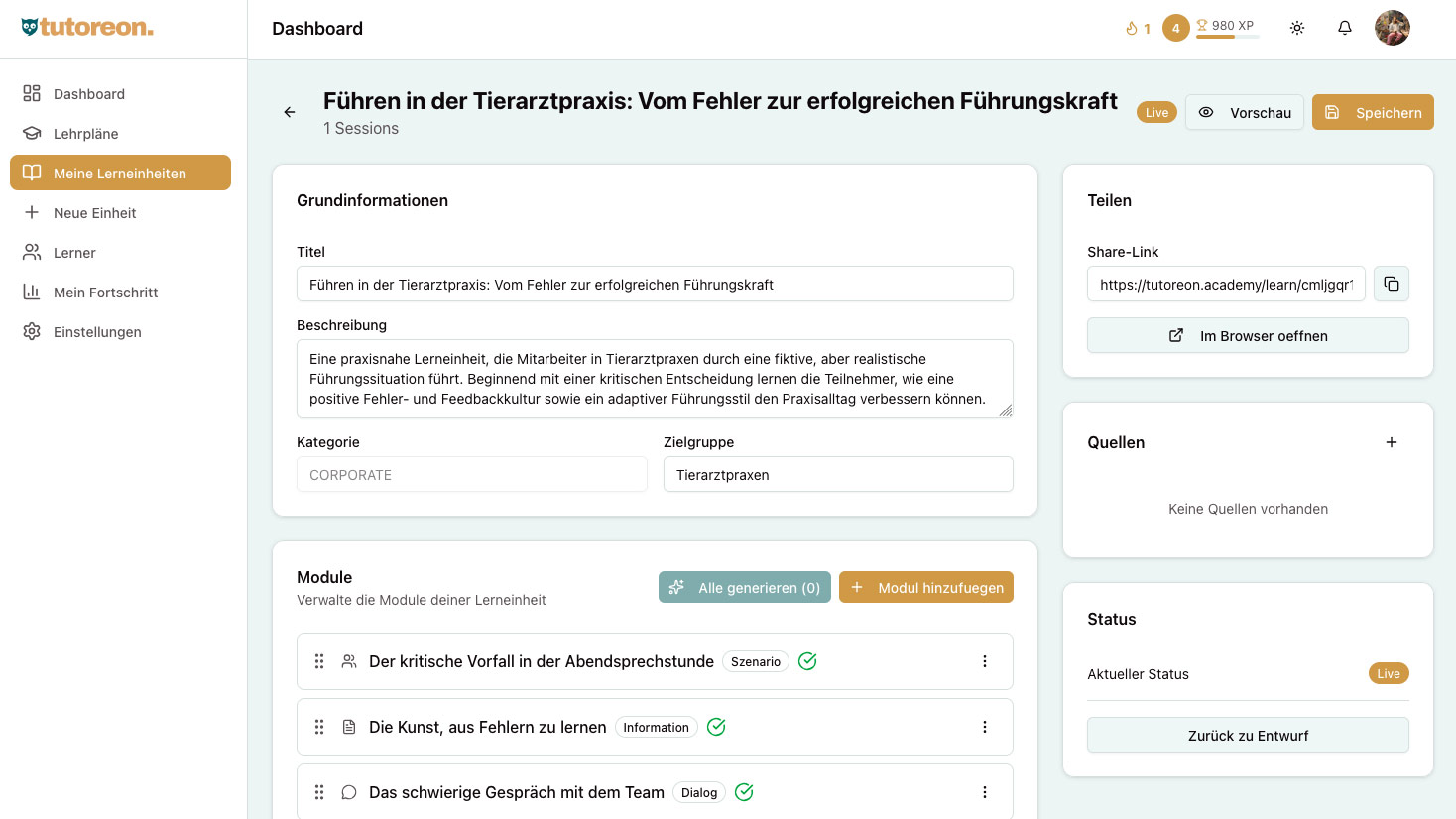 tutoreon App – Trainer-Ansicht mit Lerneinheiten und Modulen